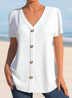 European And American Solid Colour Buttons V-neck Short Sleeve Loose Casual Top - White - View 1