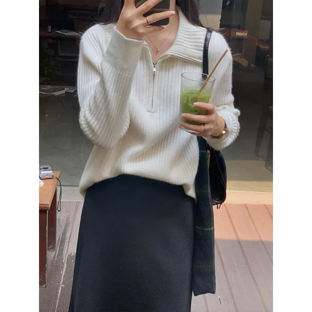 Autumn New Zipper Sweater Sweater For Women Loose Outer Wear White - Shop at LoveMi