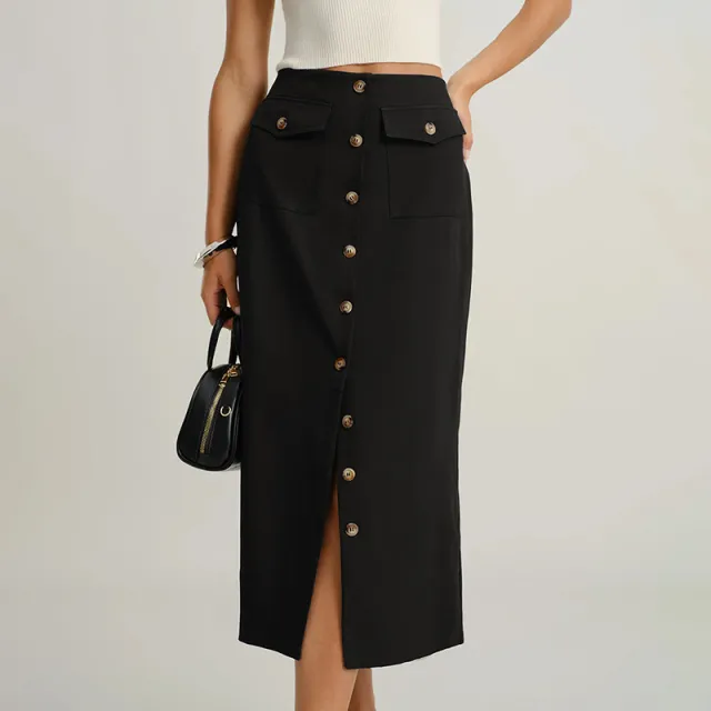 Elegant Design Straight Skirt Retro Front Slit Slimming Skirt Women Black - Shop at LoveMi
