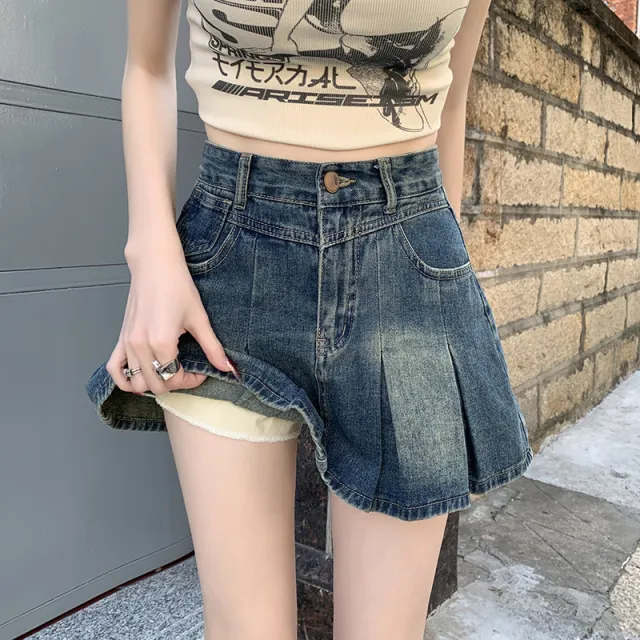 Denim Pleated For Women Summer High Waist Anti exposure Skirt Retro Blue - Shop at LoveMi
