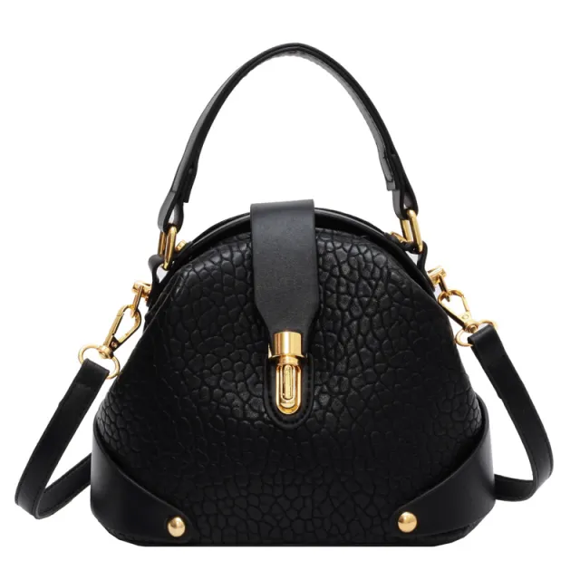 Women's Autumn And Winter Korean Retro Handbag Shoulder Lychee Pattern Small Round Bag Black - Shop at LoveMi