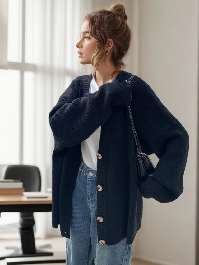V neck Coat Solid Color Vertical Stripes Autumn And Winter Black - Shop at LoveMi