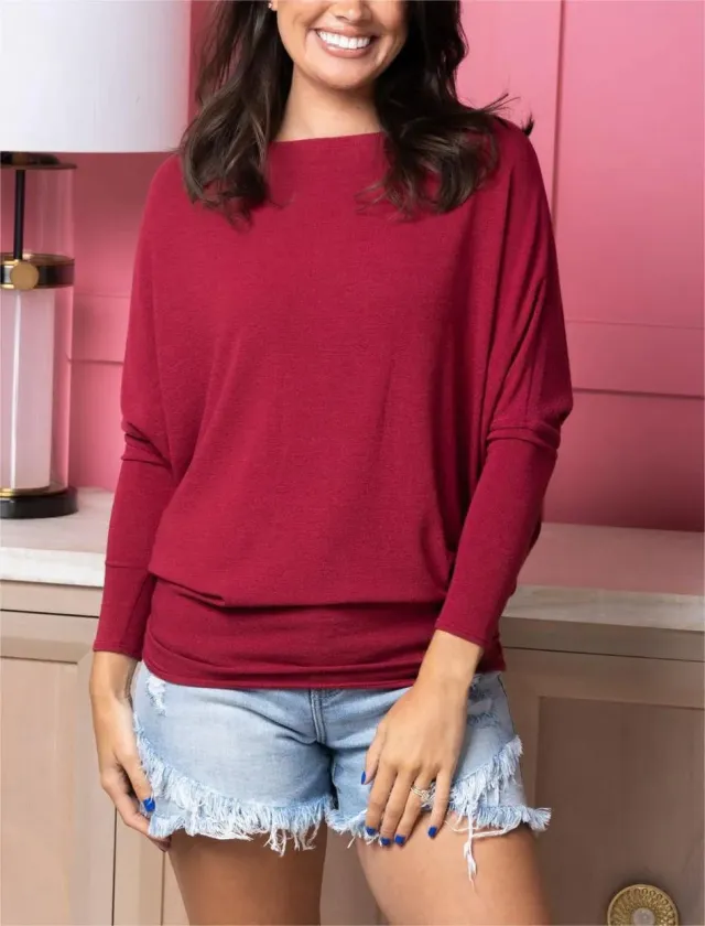 Plus Size Casual Solid Color Crew neck Batwing Sleeve High Elastic Sweater Red - Shop at LoveMi