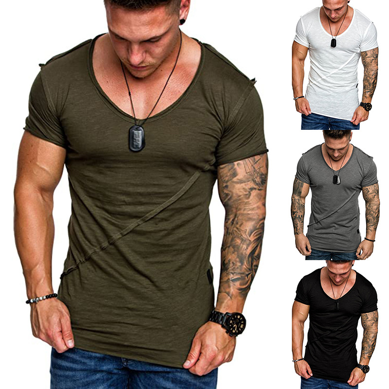 Men's Fashion Solid Color V-Neck Slanted Stripe Patchwork T-Shirt