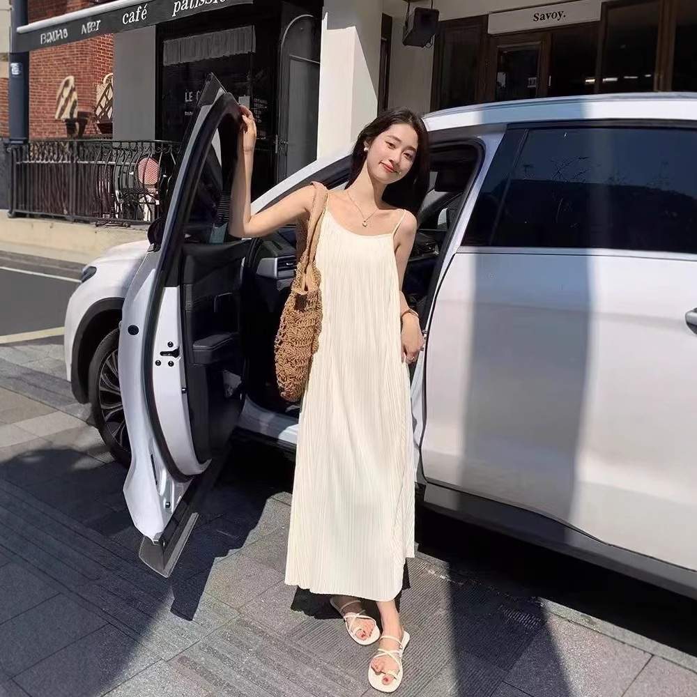 Summer Loose Temperament New Skirt Long Slimming French Style Sexy Suspenders Dress White Hem Hemming - Shop at LoveMi