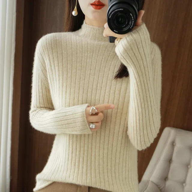Simple Autumn And Winter Half high Collar Bottoming Shirt Women's Sweater Raw Velvet Rice L - Shop at LoveMi