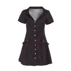 Deep V-neck Plaid Waist-cinching Dress Women's Short Skirt - Red - View 1