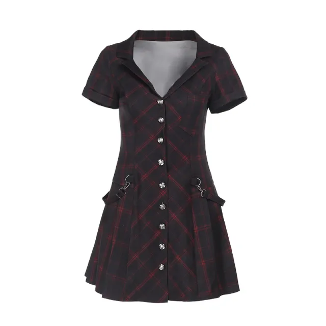Deep V neck Plaid Waist cinching Dress Women's Short Skirt Red - Shop at LoveMi