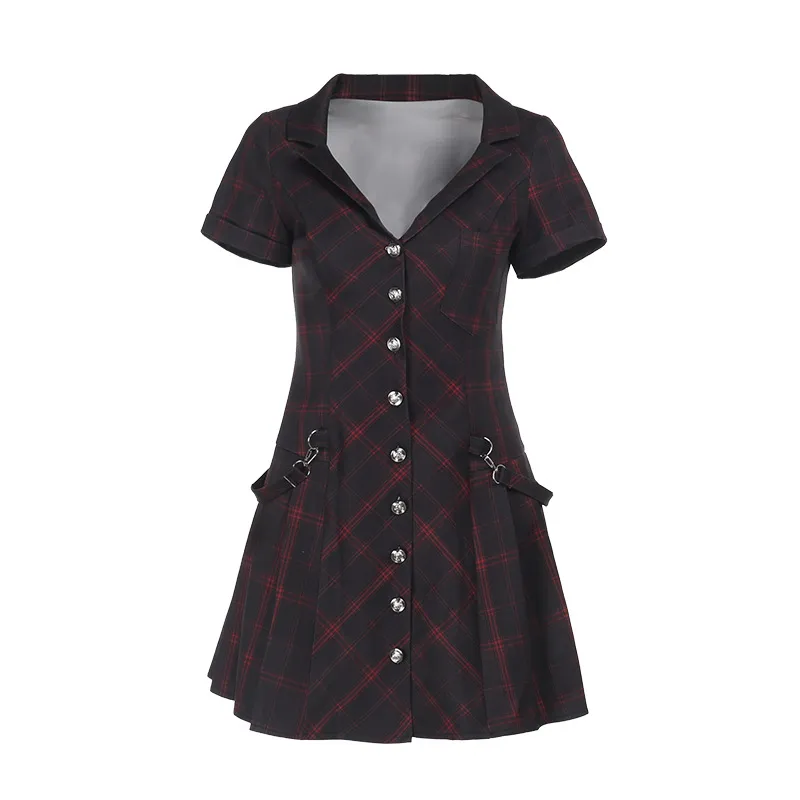 Deep V-neck Plaid Waist-cinching Dress Women's Short Skirt - Red