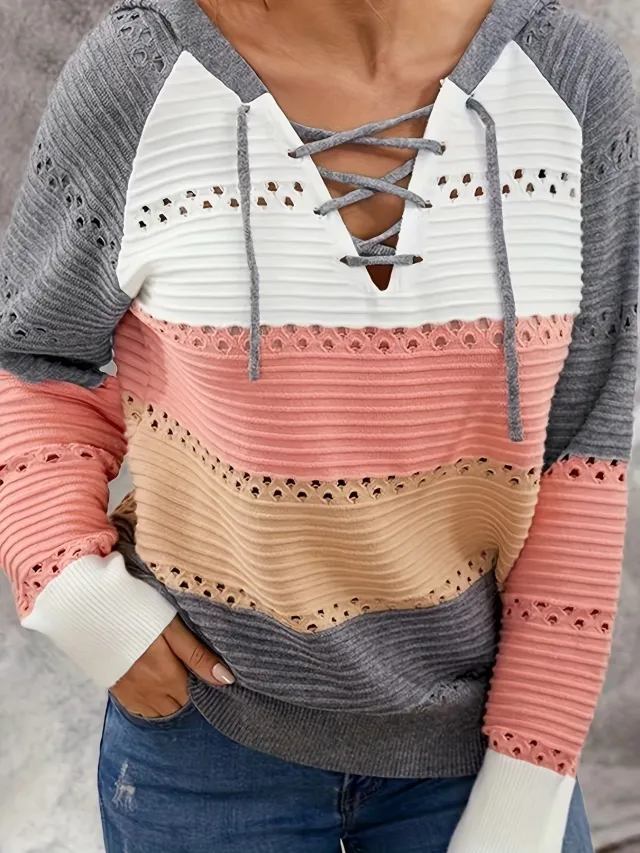 Striped Hooded Knitted Pullover Women's Casual All matching Hollow Sweater Gray - Shop at LoveMi