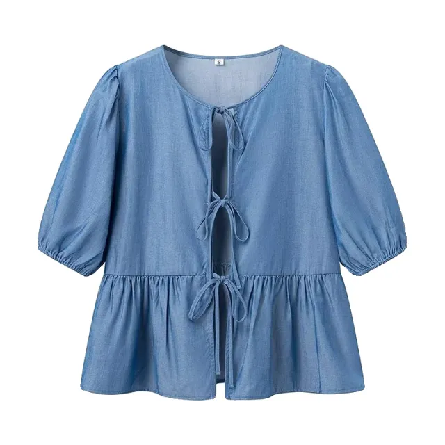 Solid Color Denim Lace up Design Shirt Blue - Shop at LoveMi