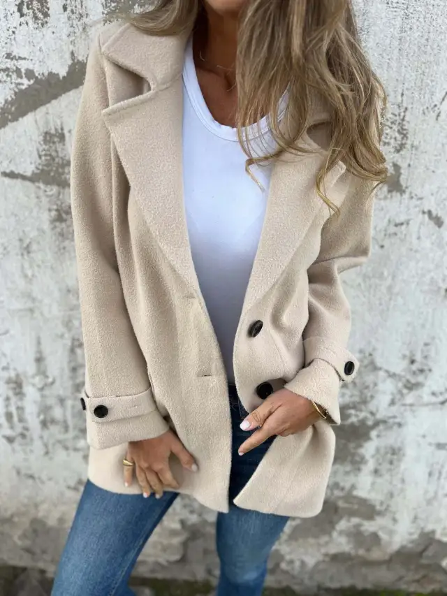 Women's Woolen Coat Casual Loose Lapels Faux Pocket Cardigan Wool Overcoat Apricot - Shop at LoveMi