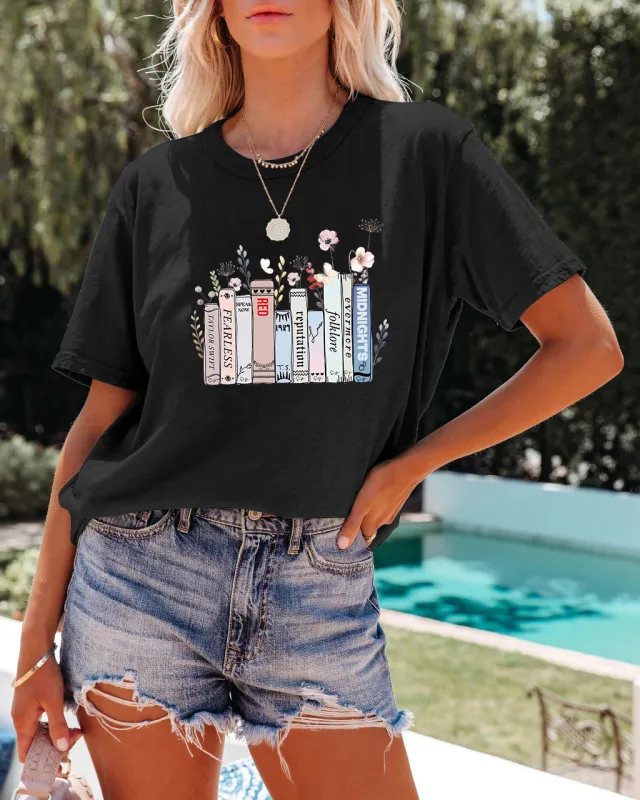 Summer New Book Flower T shirt Cute Fashion Round Neck Pullover Black - Shop at LoveMi