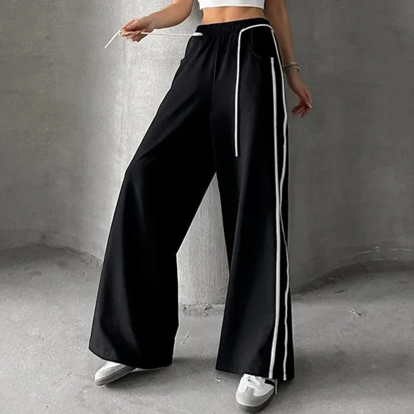 Drawstring Contrast color Casual Pants For Women Black - Shop at LoveMi