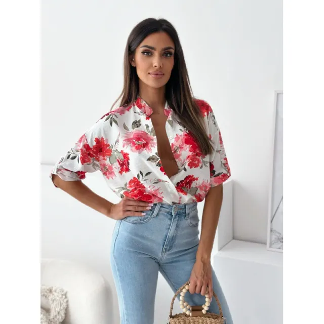 Loose Casual Print Shirt Half Collar Top Red Flower - Shop at LoveMi