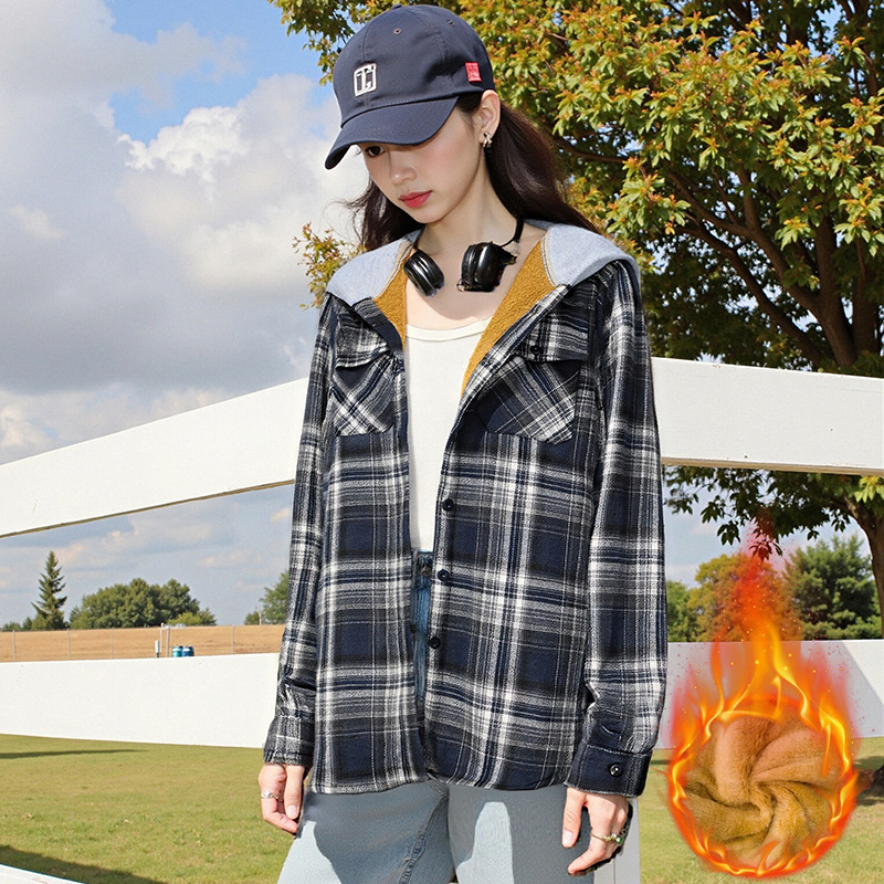 Casual And Loose Hooded Plaid Shirt Top For Women