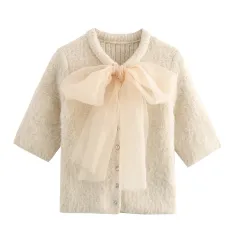 Transparent Organza Bowknot Decoration Short-sleeved Sweater - A400 Ribbon Sweater - View 1
