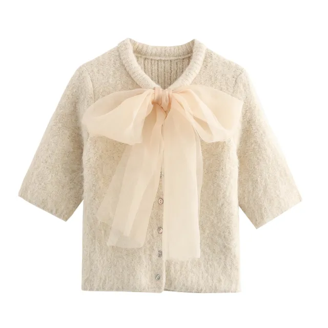 Transparent Organza Bowknot Decoration Short sleeved Sweater Transparent - Shop at LoveMi