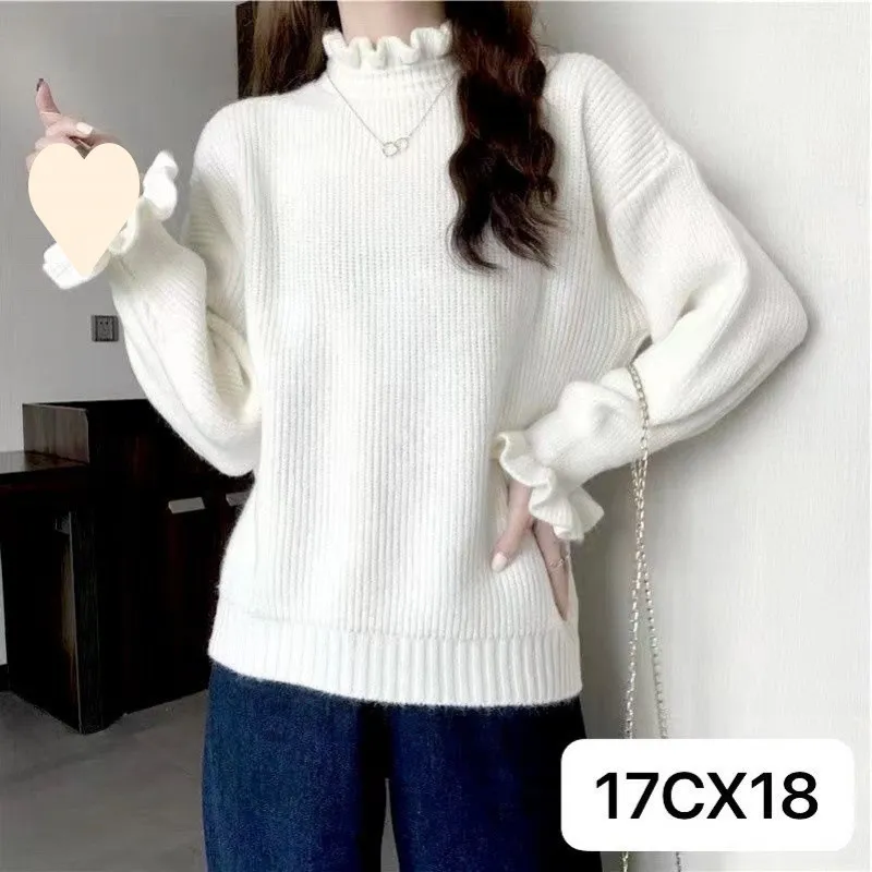 Red Wooden Ear Half Turtleneck High-grade Sweater Sweater - White