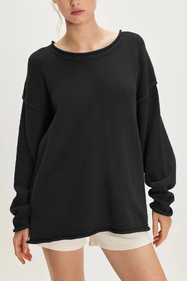 Women's Knitted Solid Color Round Neck Pullover Loose Sweater Black - Shop at LoveMi