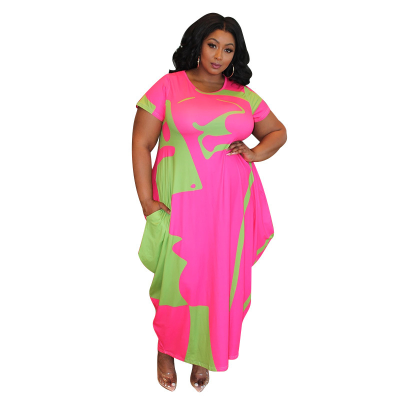 Women's Plus Size Printed Crew Neck Long Creative Dress Rose - Shop at LoveMi