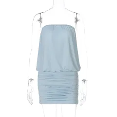 Women's Fashion Tube Top Stitching Pleated Sheath Dress - Blue - View 1