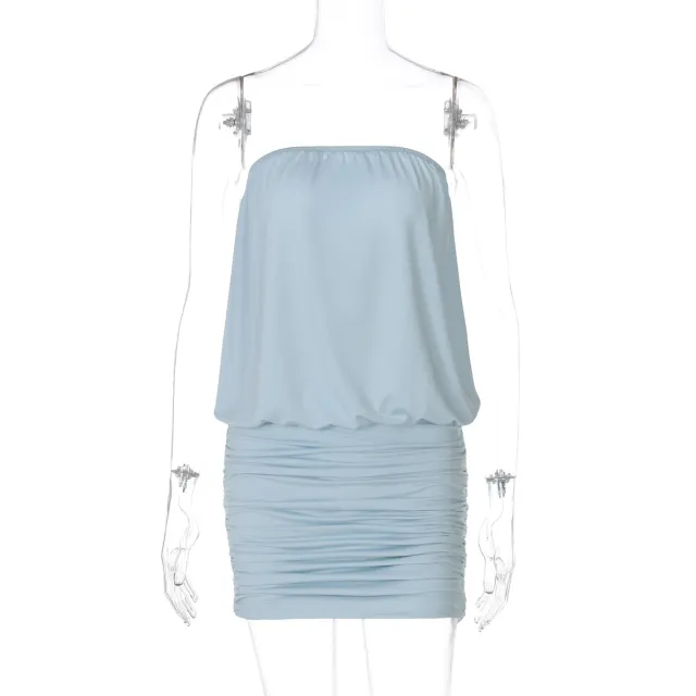 Women's Fashion Tube Top Stitching Pleated Sheath Dress Blue - Shop at LoveMi