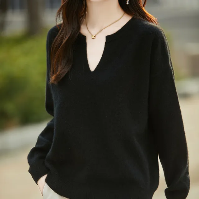 Women's Wool Sweater V neck Drop shoulder Pullover Black - Shop at LoveMi