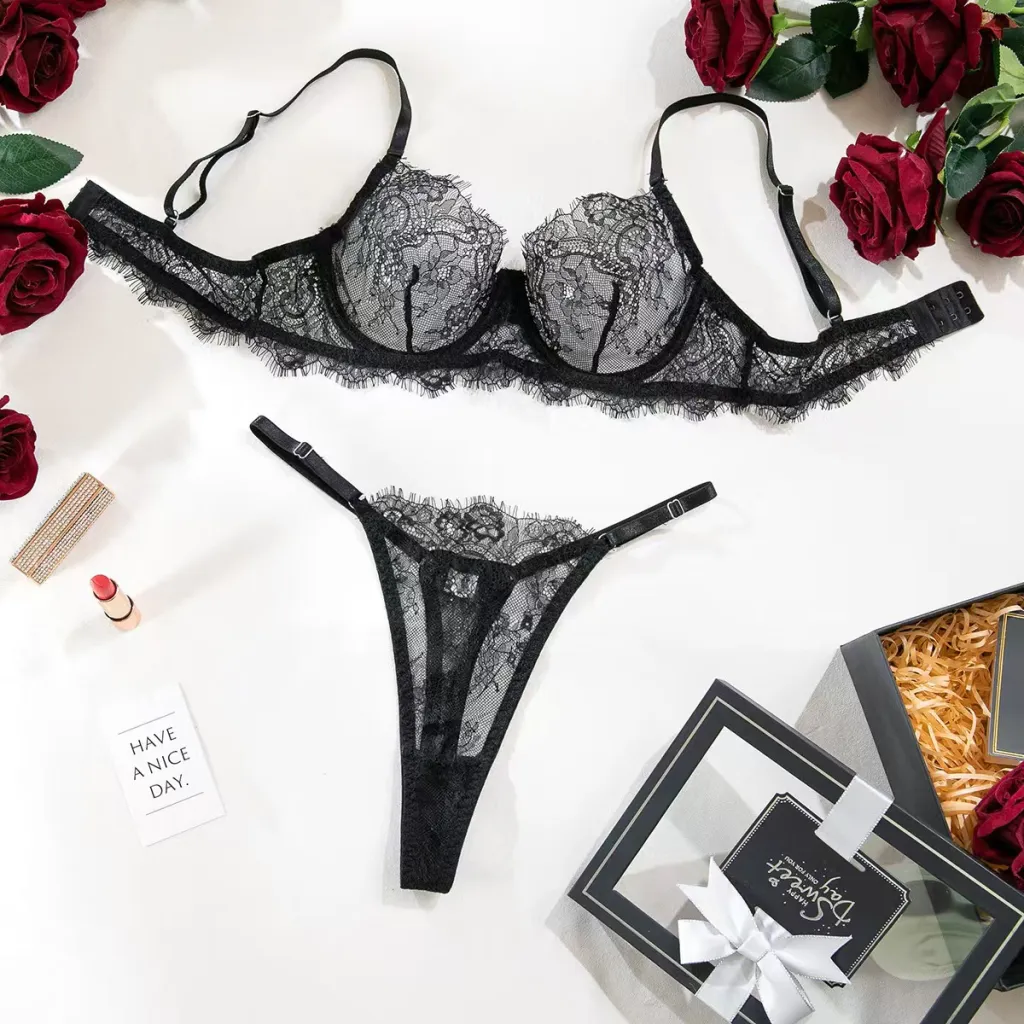 Womens Ultra-Thin Mesh Sheer Bra Set - Black