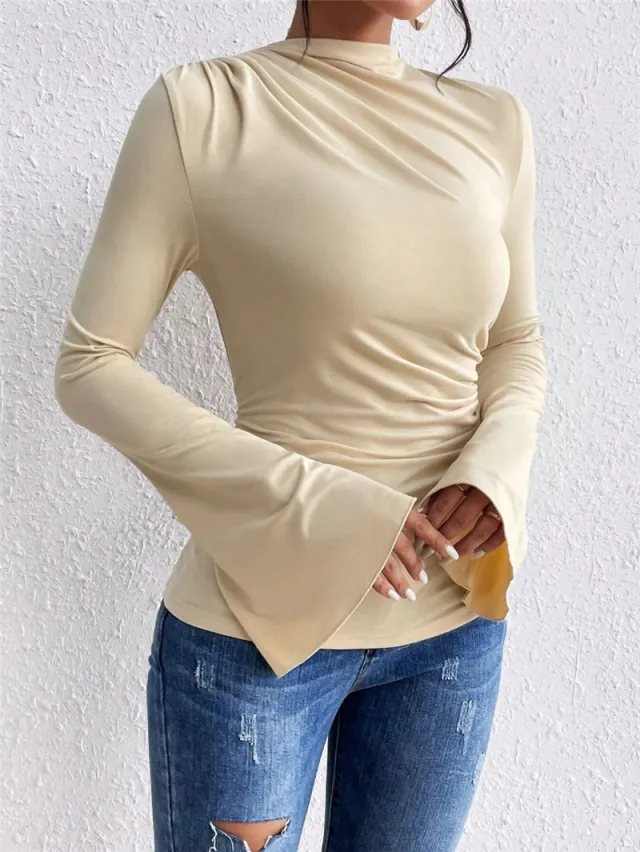 Women's Bell Sleeve Stand up Collar Slim Fit T shirt Apricot Yellow - Shop at LoveMi