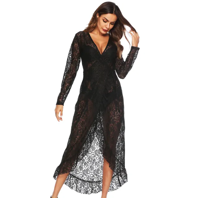 Sexy See through Lace Deep V Irregular Ruffles Tied Long Sleeves Dress Black - Shop at LoveMi