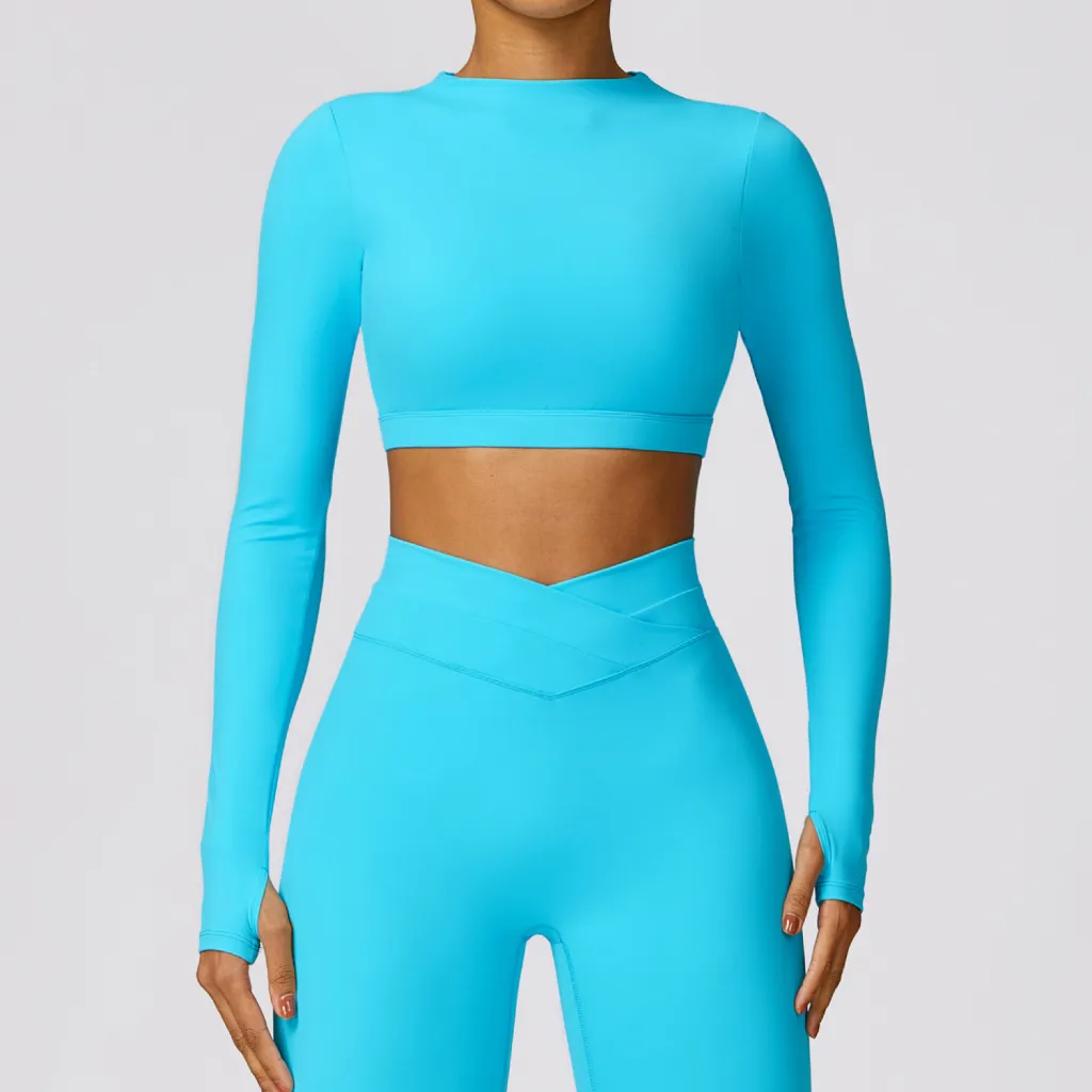 Brushed Tight Long-sleeved Beauty Back Yoga Clothes - Lake Blue