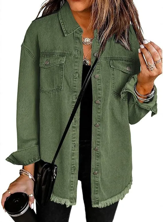 Fashion Denim Jacket Women's Button Shirt - Green