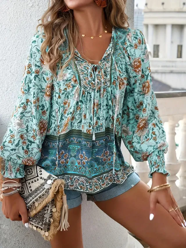 Bohemian Vacation Style Printed V neck Lace up Long Sleeve Top Flower Color 2 Xl - Shop at LoveMi