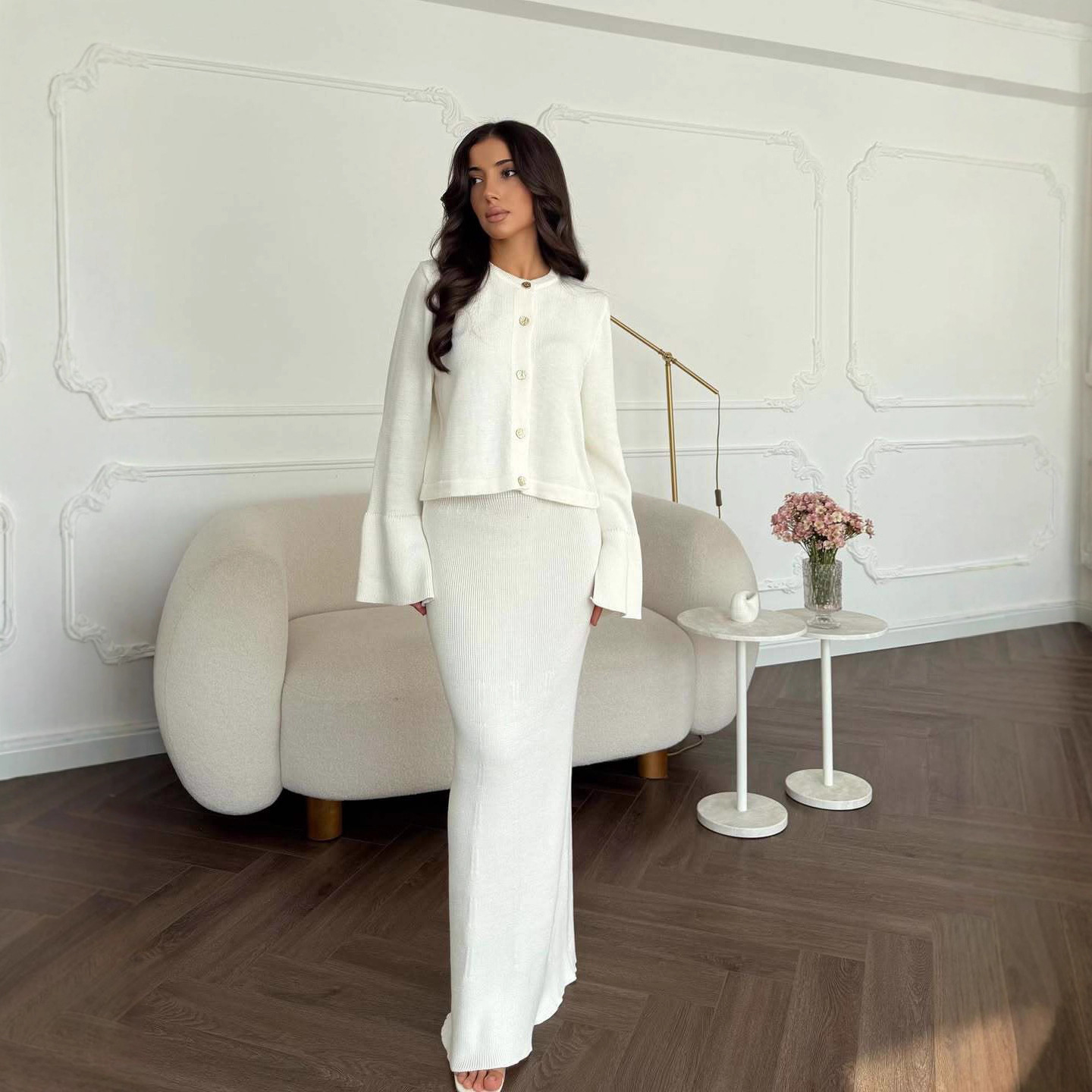 New Autumn Crew-Neck Button-Up Cardigan Knitted Sweater Dress