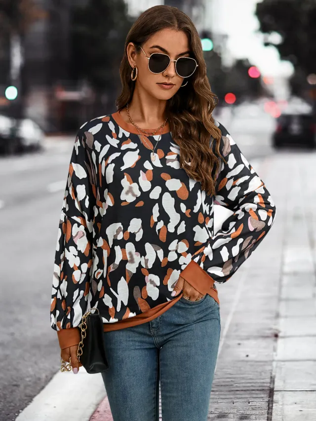 Women's Clothing Independent Station Popular Round Neck Drop Shoulder Lantern Sleeve Printed Sweater Black - Shop at LoveMi