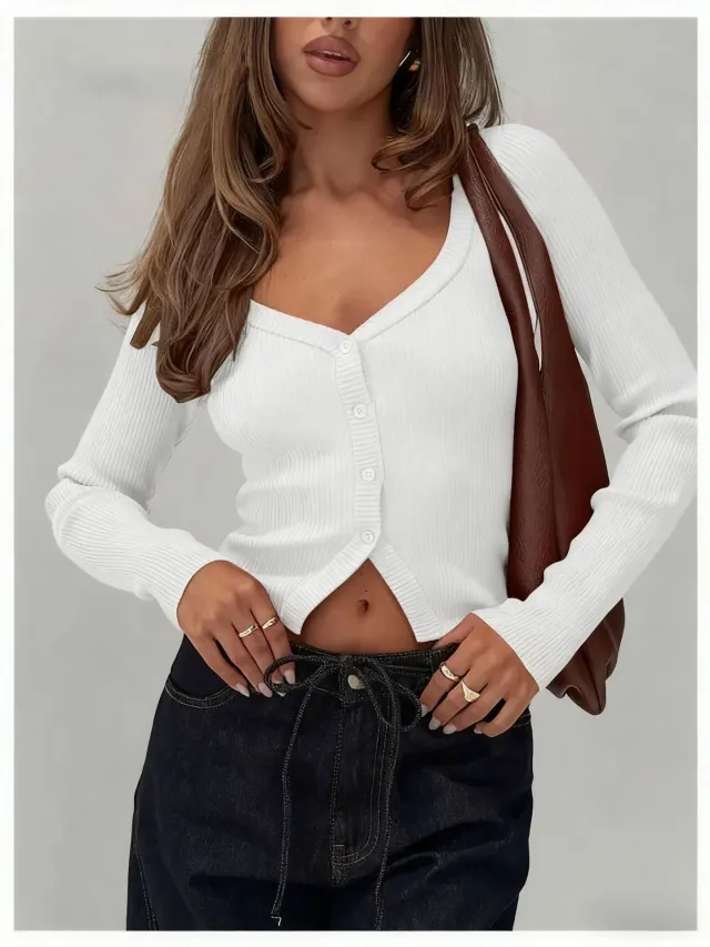 Women's European And American style Long sleeved Slim fit Cropped Knit Top Beige - Shop at LoveMi