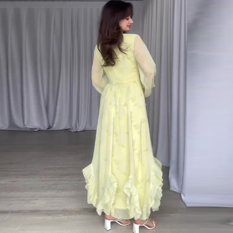 Mesh Patchwork Ruffled Long Sleeve Elegant Dress