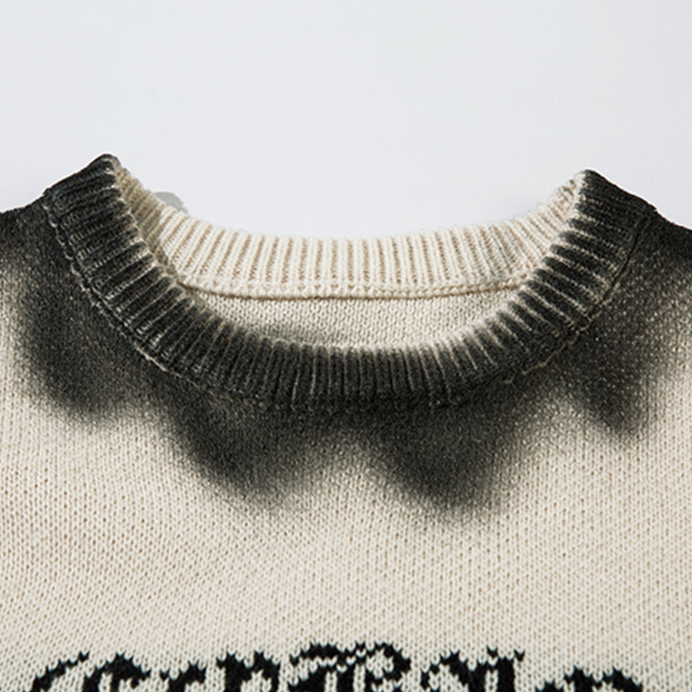 Inkjet Crocheted Ripped Round Neck Sweater For Men