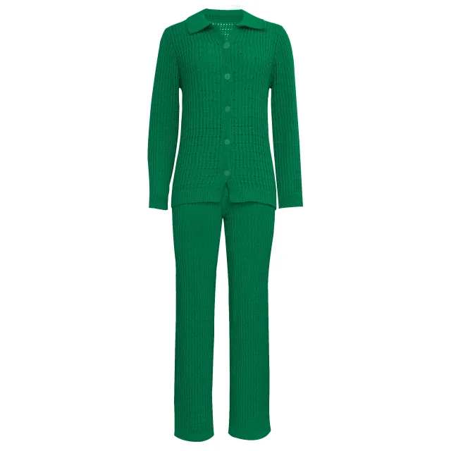 Solid Color Knit Shirt Straight Leg Pants Fashion Suit Emerald Green - Shop at LoveMi