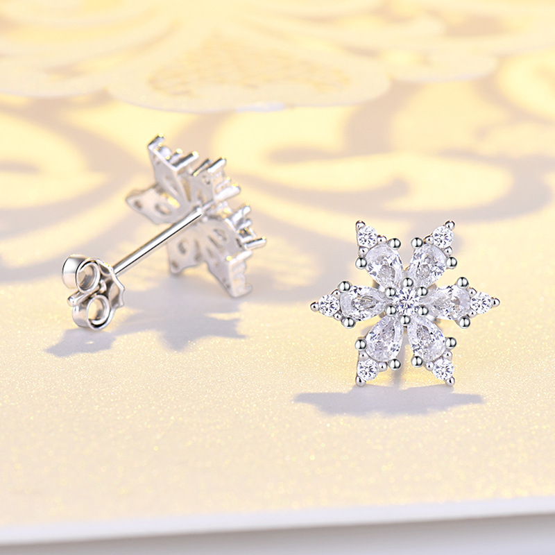 Women's Sterling Silver Six-petal Snowflake Diamond Stud Earrings