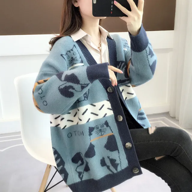 Cartoon Cat Contrast Color Sweater Coat For Women Autumn And Winter New Loose And Lazy Style Fashionable All match Knitted Cardigan Blue - Shop at LoveMi