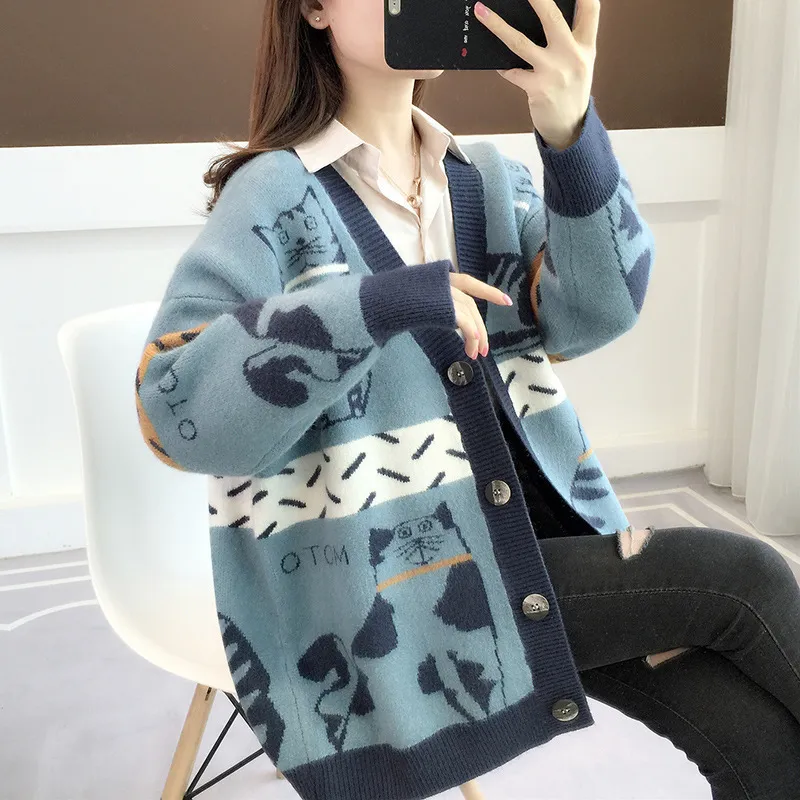 Cartoon Cat Contrast Color Sweater Coat For Women Autumn And Winter New Loose And Lazy Style Fashionable All-match Knitted Cardigan - Blue