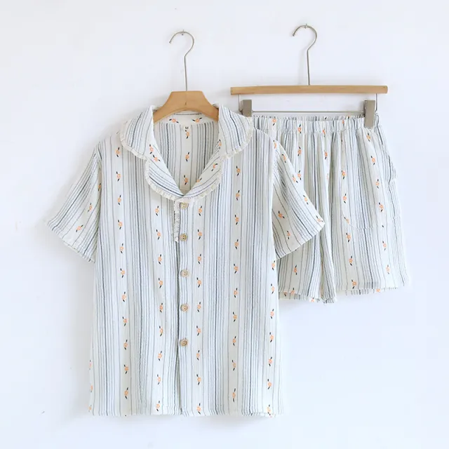 Sweet Floral Short sleeved Shorts Cotton Pajamas Blue - Shop at LoveMi