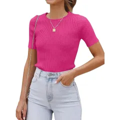 Top Autumn Short Sleeve Slim Round Neck Rib Milk Silk T-shirt For Women - Rose - View 1
