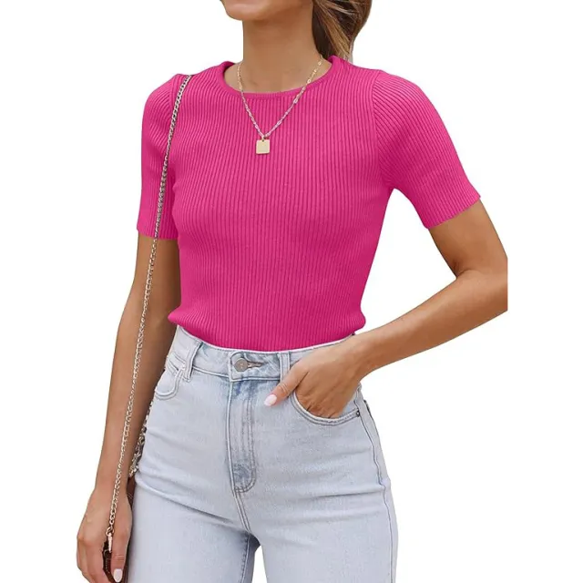 Top Autumn Short Sleeve Slim Round Neck Rib Milk Silk T shirt For Women Rose - Shop at LoveMi