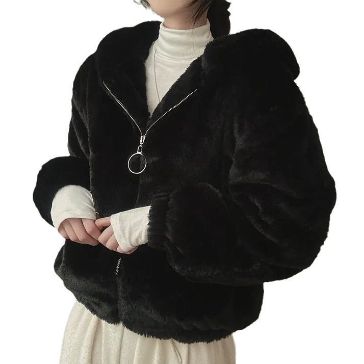 South Korea French Minority Zipper Hooded Warm Casual Sports Plush Coat
