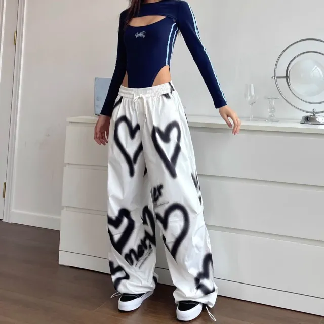 Hip Hop Heart Graffiti Elastic Waist Drawstring Wide Leg Pants White - Shop at LoveMi