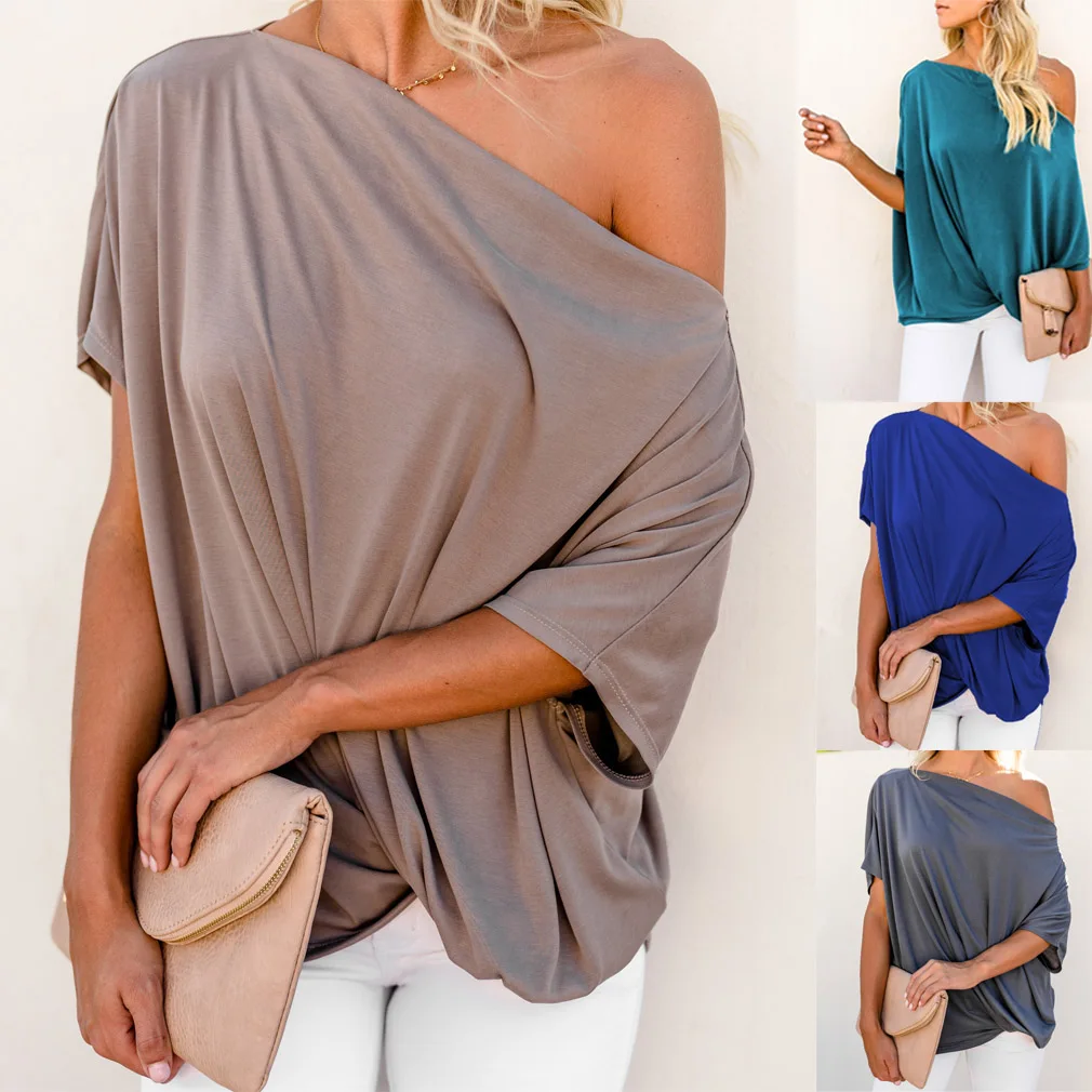 Title 5, Pleated solid color sexy loose shoulder ladies ...