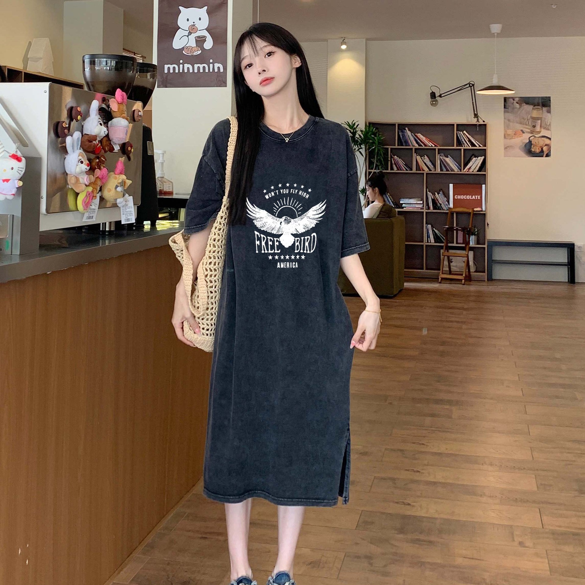 New Washed Vintage Crew-Neck T-Shirt Dress For Women